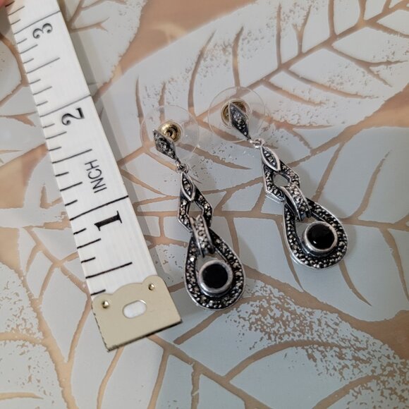 Vintage Silver Earrings Filigree Drop Dangle With Black Gem Sparkly - Picture 6 of 6